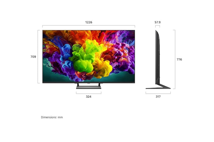 Een LG QNED evo AI QNED90 Mini LED, weergegeven van de voorkant en van de zijkant, heeft een 55 inch scherm dat 1226 mm breed is, 709 mm hoog, 776 mm hoog met voet, een profieldiepte van 57,9 mm en een afmeting van de voet van de standaard van 324 bij 317 mm.